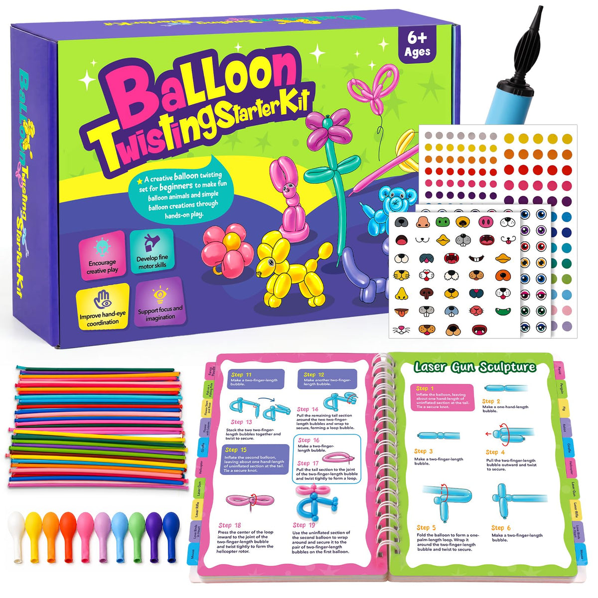 Balloon Twisting Kit with Pump for Beginners contents 160 long animal balloons and pump