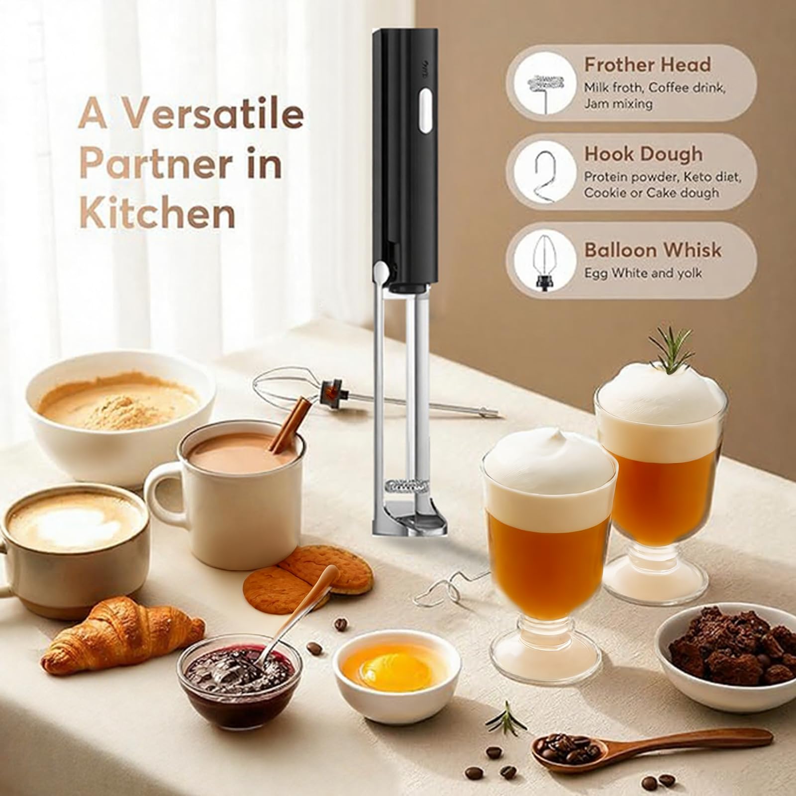 Hook whisk attachment for milk powders and oatmeal black
