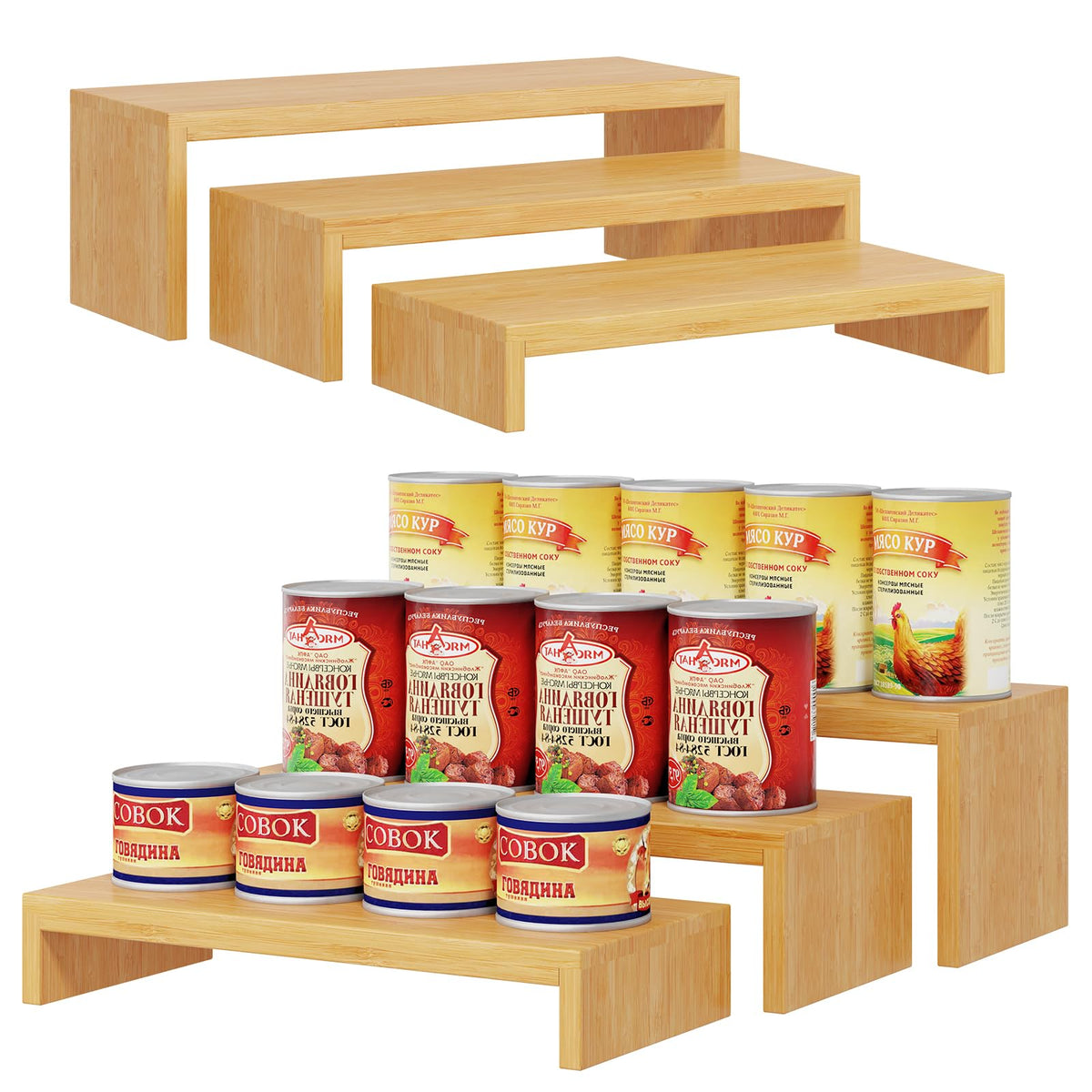 Bamboo Can Organizer for Pantry two sets in natural finish