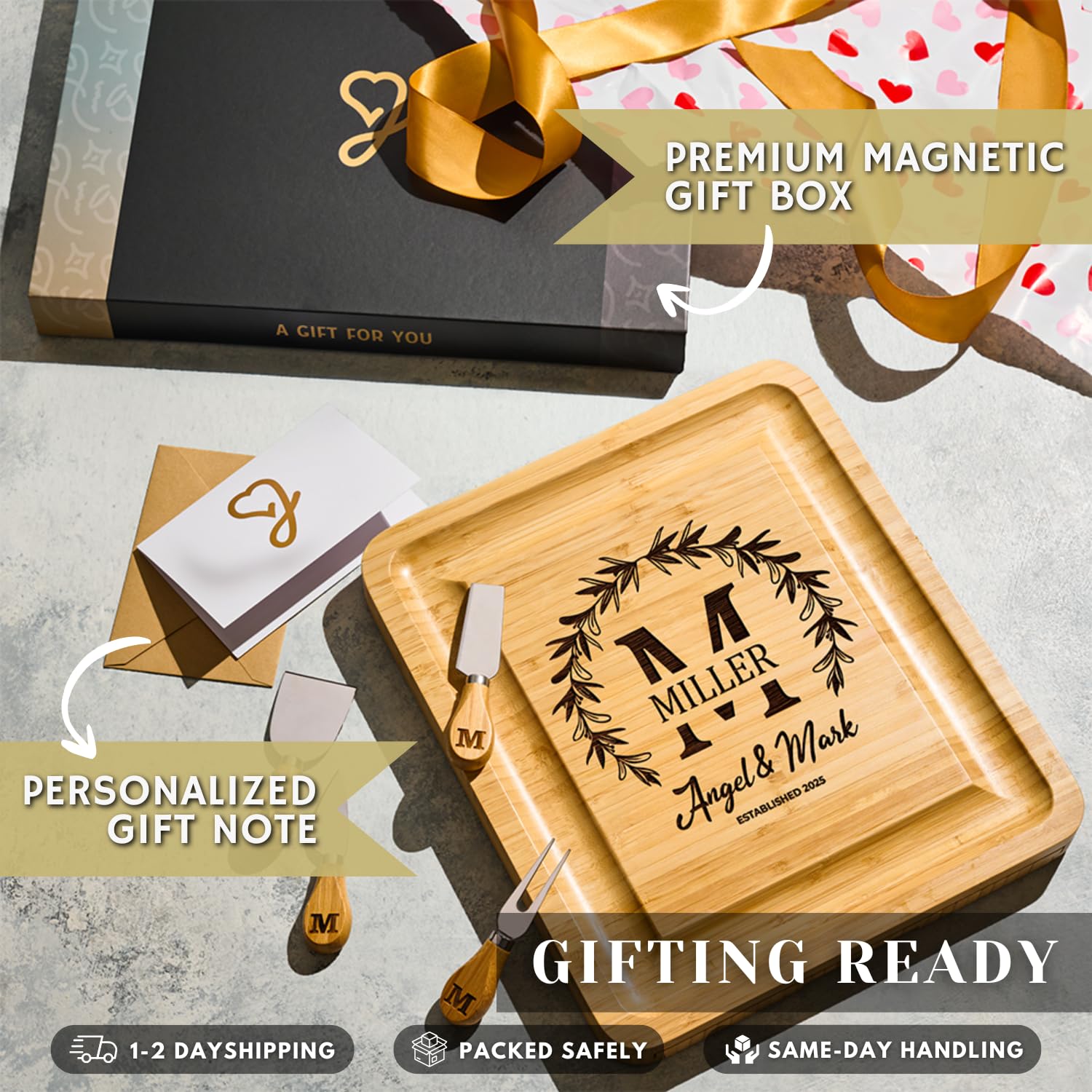 Bamboo charcuterie board ready for gifting