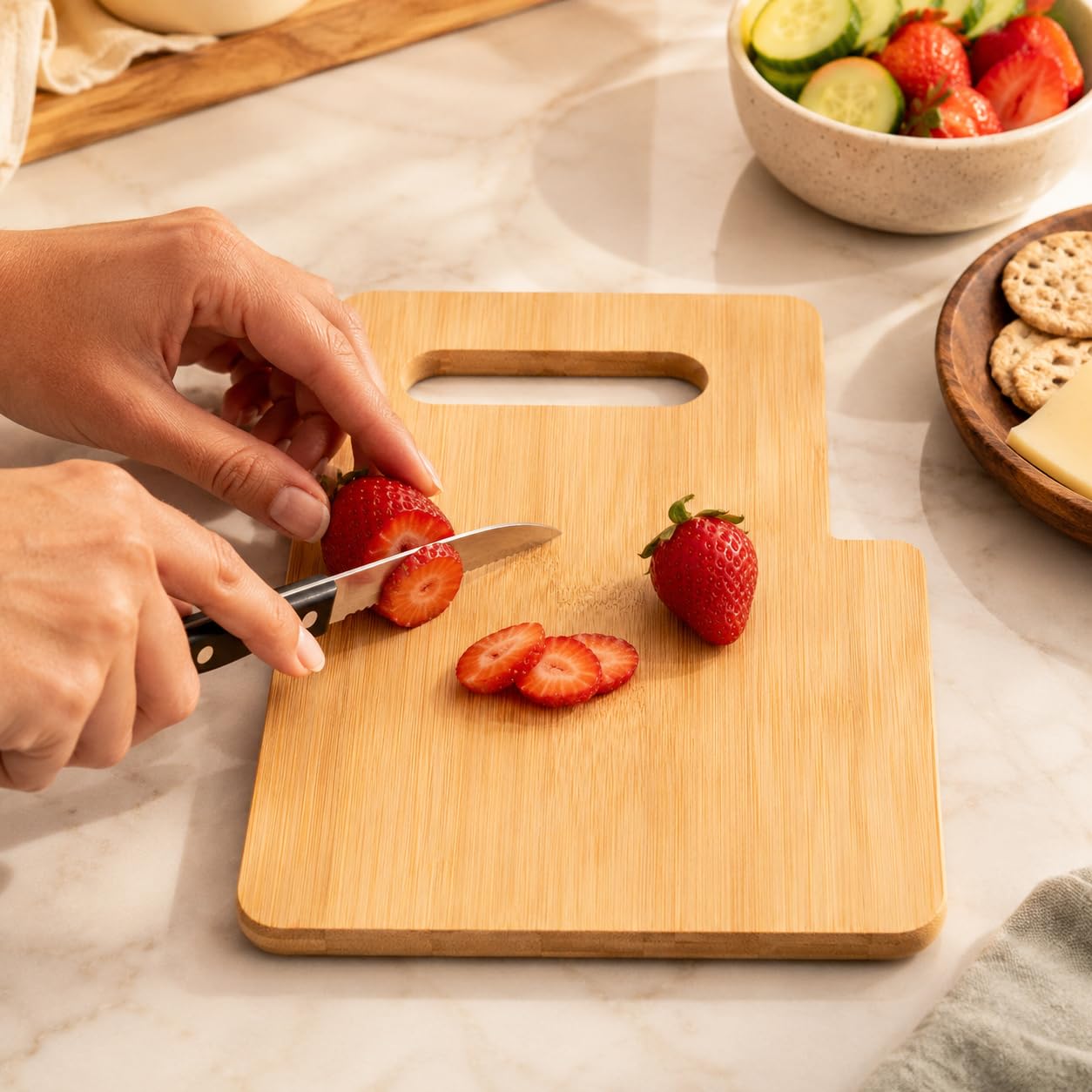 Bamboo cutting board 10x6 with serrated knife in built-in slot