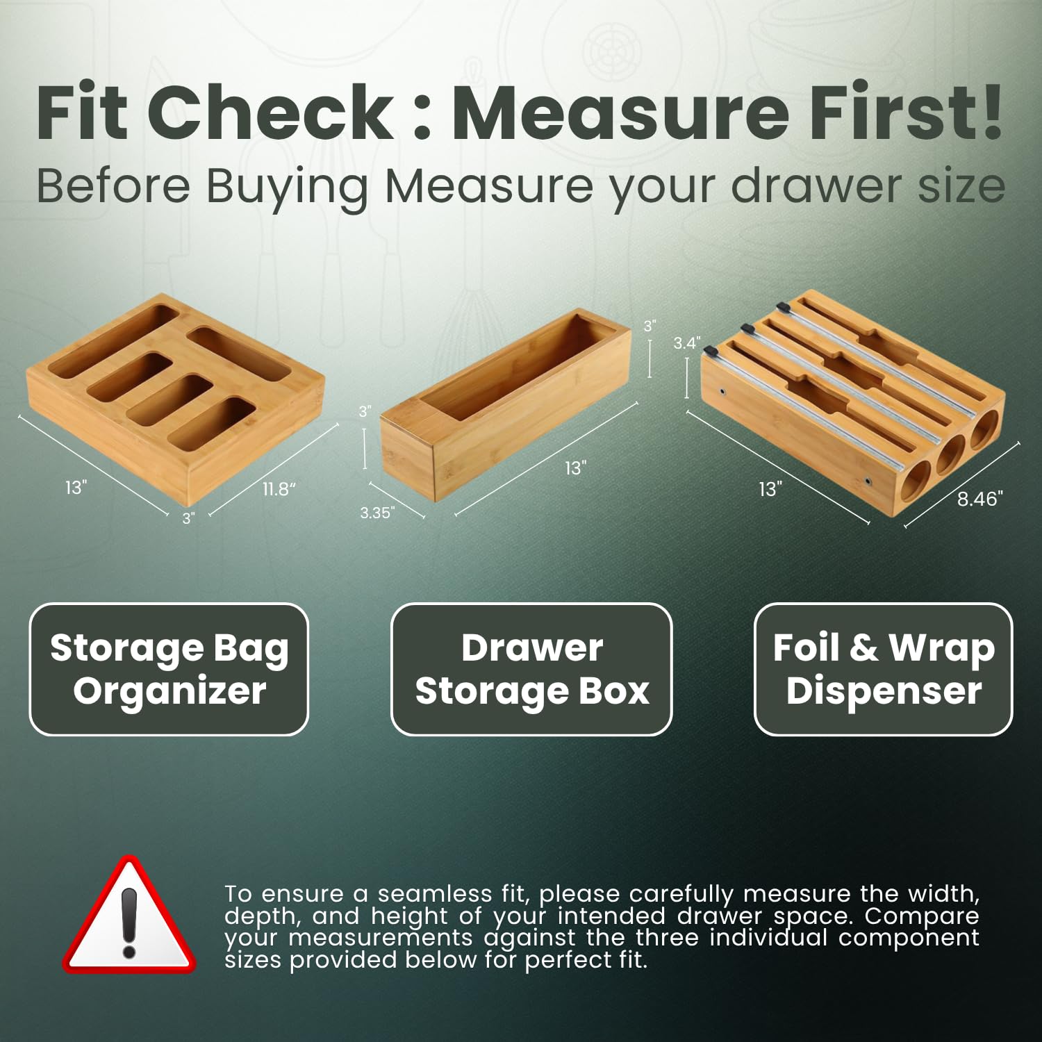 bamboo drawer organizer with foil wrap dispenser