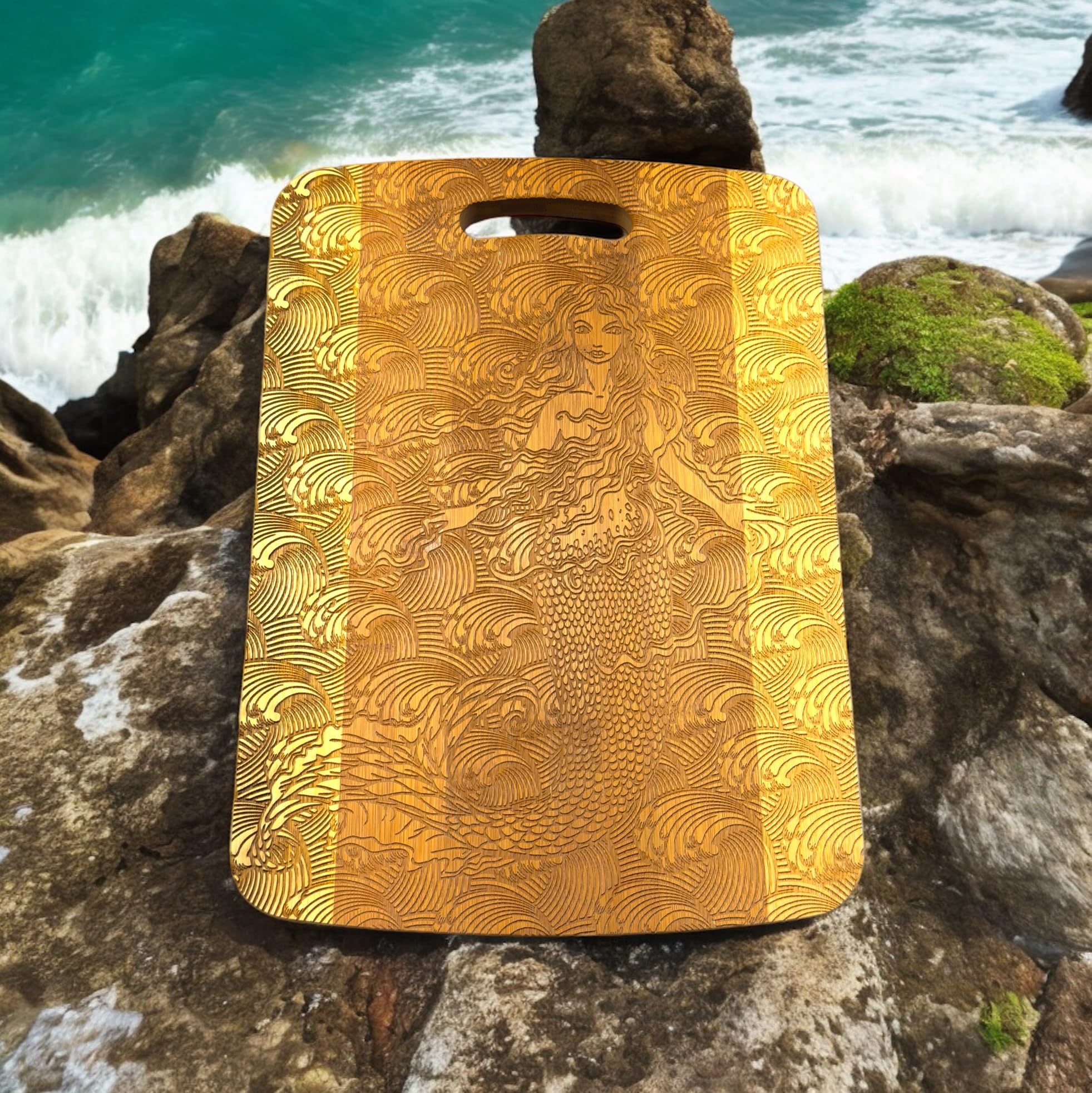 Mermaid motif on two tone bamboo cutting board