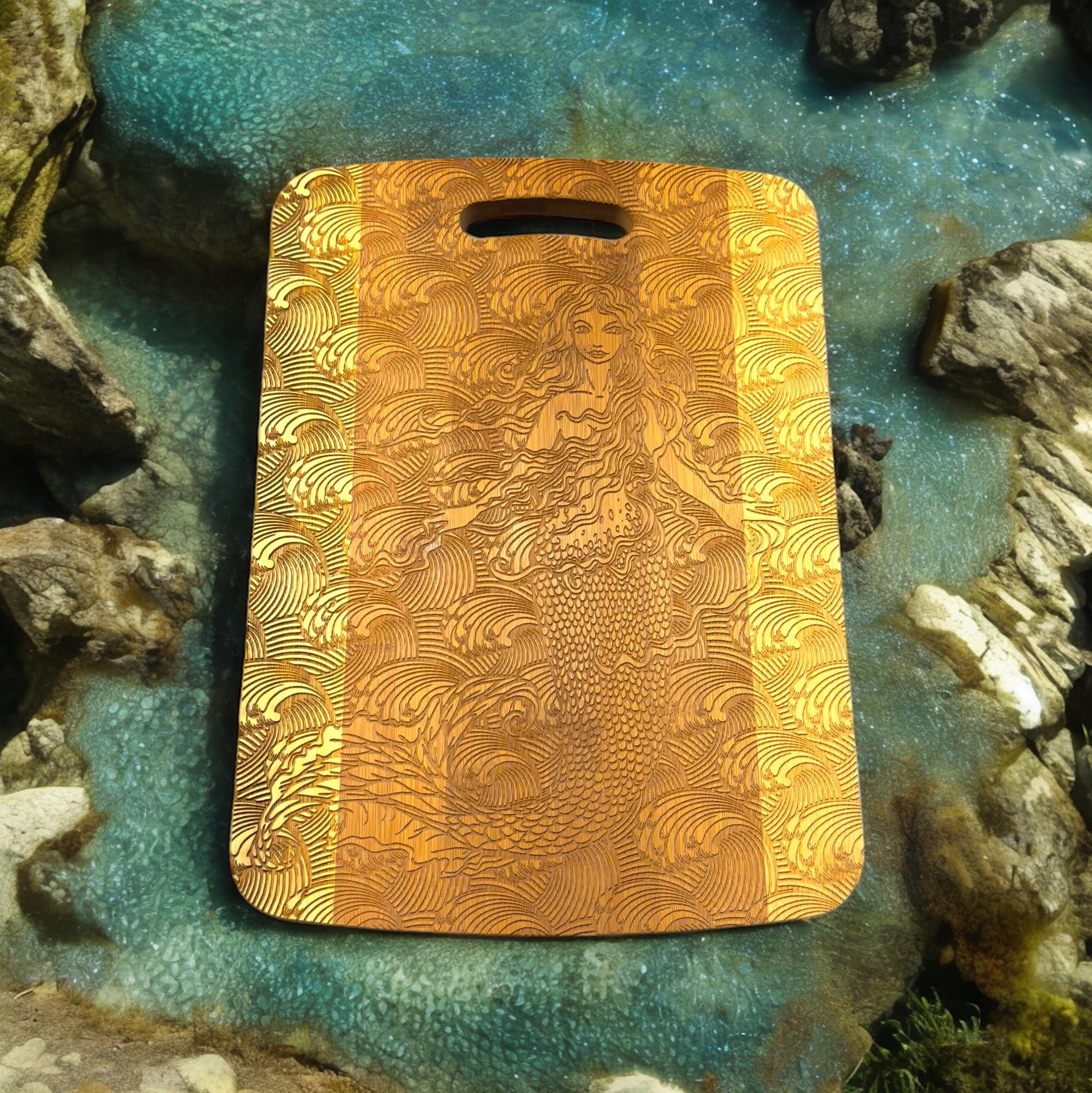 Laser engraving detail on Mermaid Cutting Board bamboo