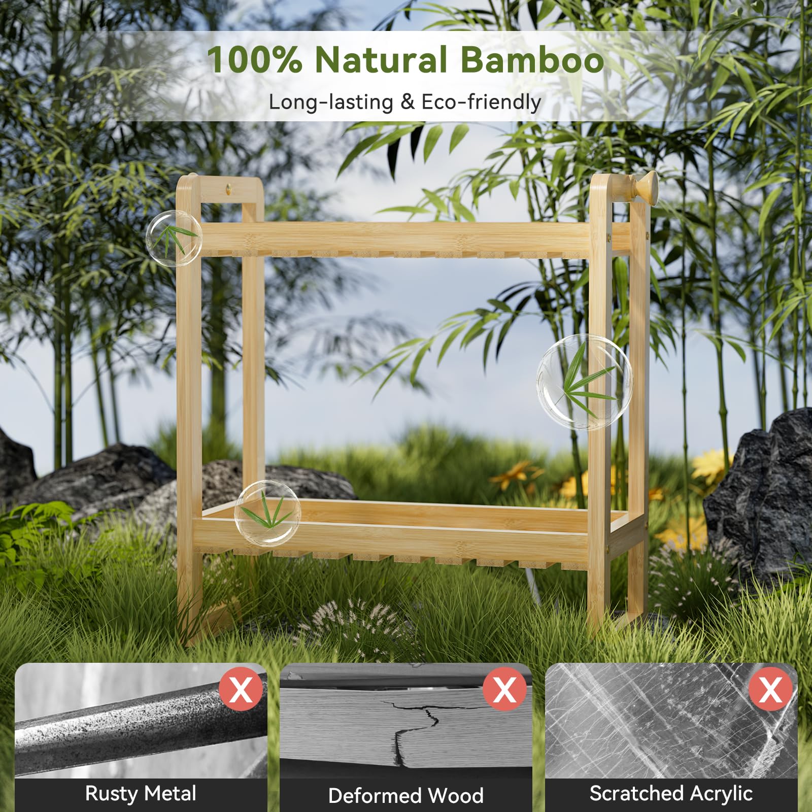 Bamboo over toilet storage shelf two-tier close up
