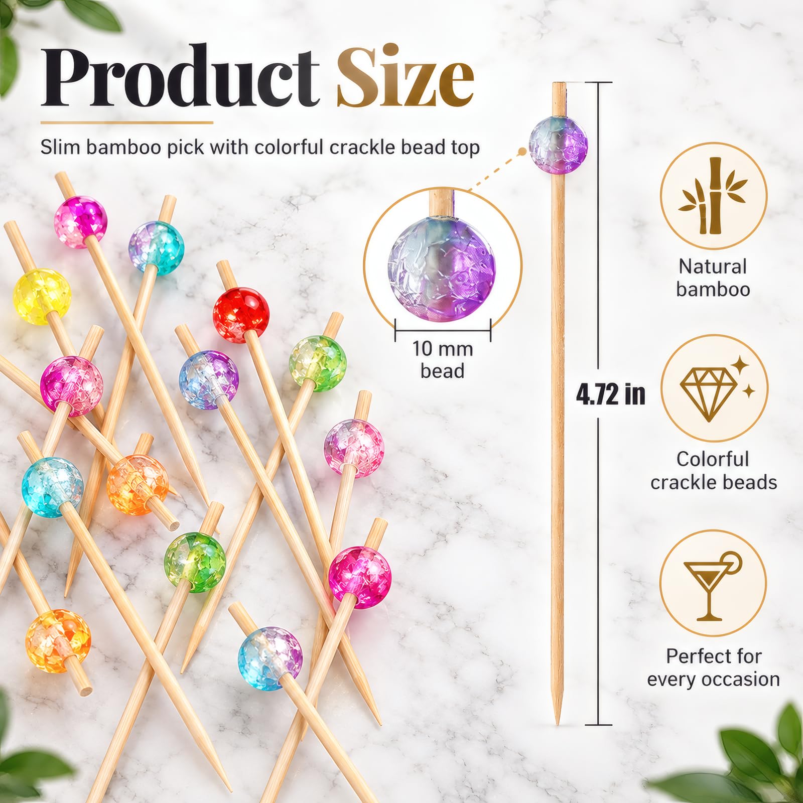 bamboo cocktail picks 4.72 inch assorted colors with bead toppers