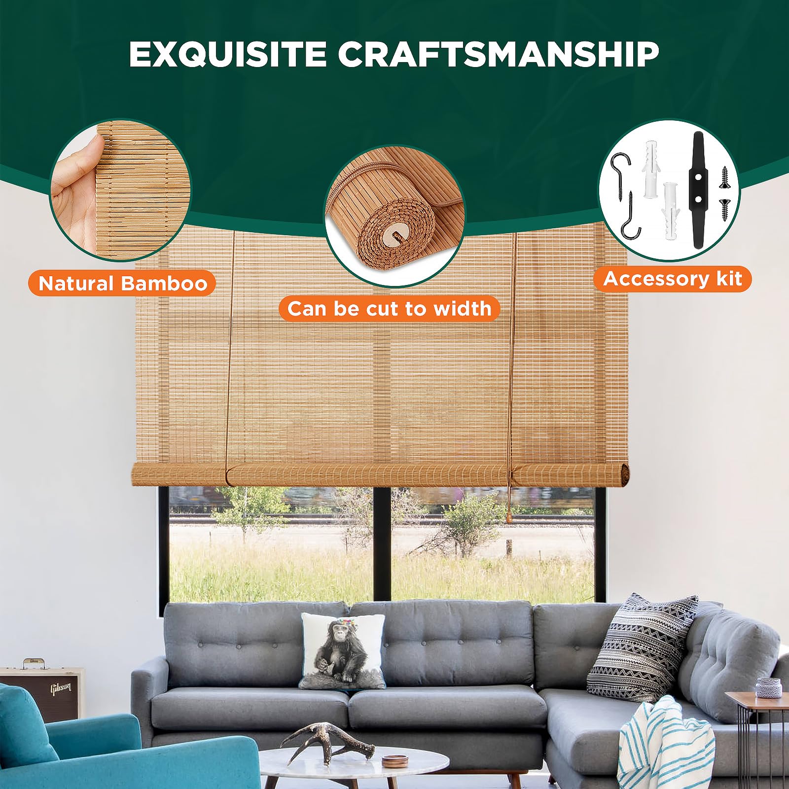 Bamboo roller shades for indoor windows in a bright room
