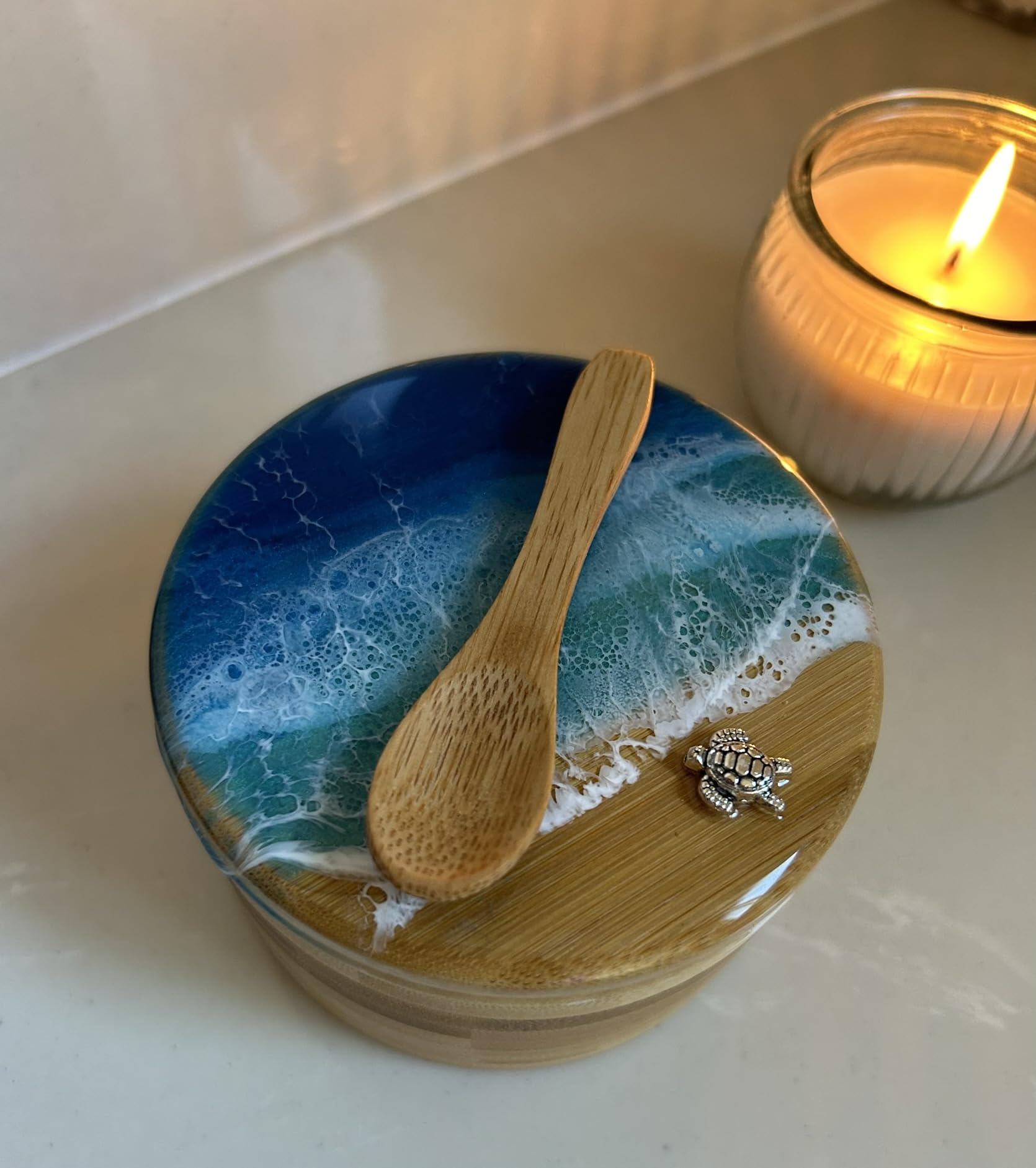 Ocean Resin Art bamboo salt box with turtle charm lid art