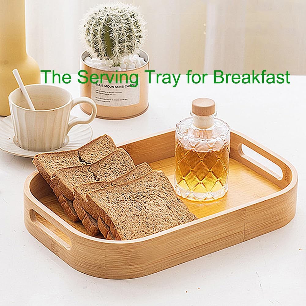 Bamboo tray with dual side handles for safe transport