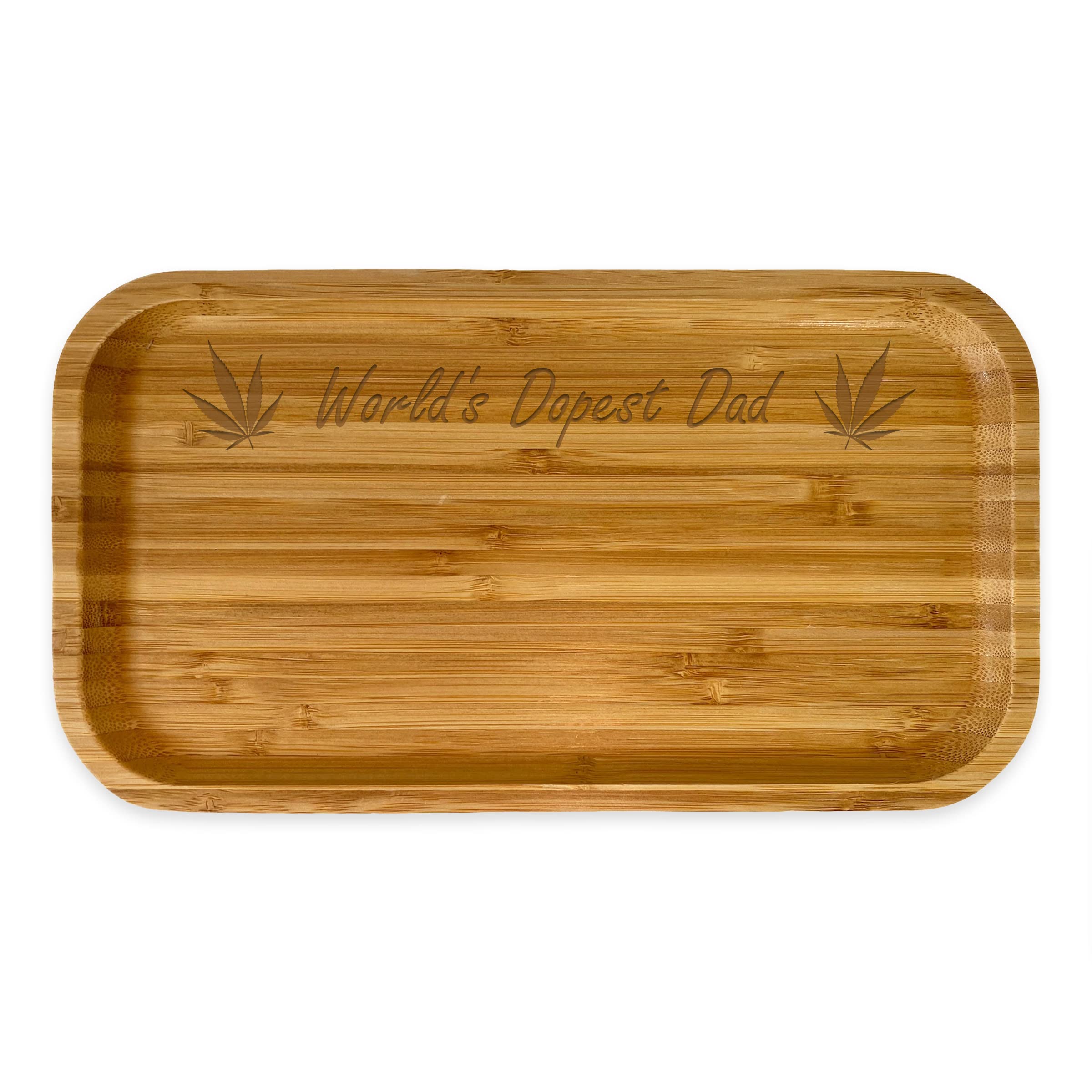 Bamboo wood rolling tray with World's Dopest Dad design and laser engraving