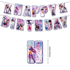 Hanging vortices cupcake covers and latex balloons for classroom party setup