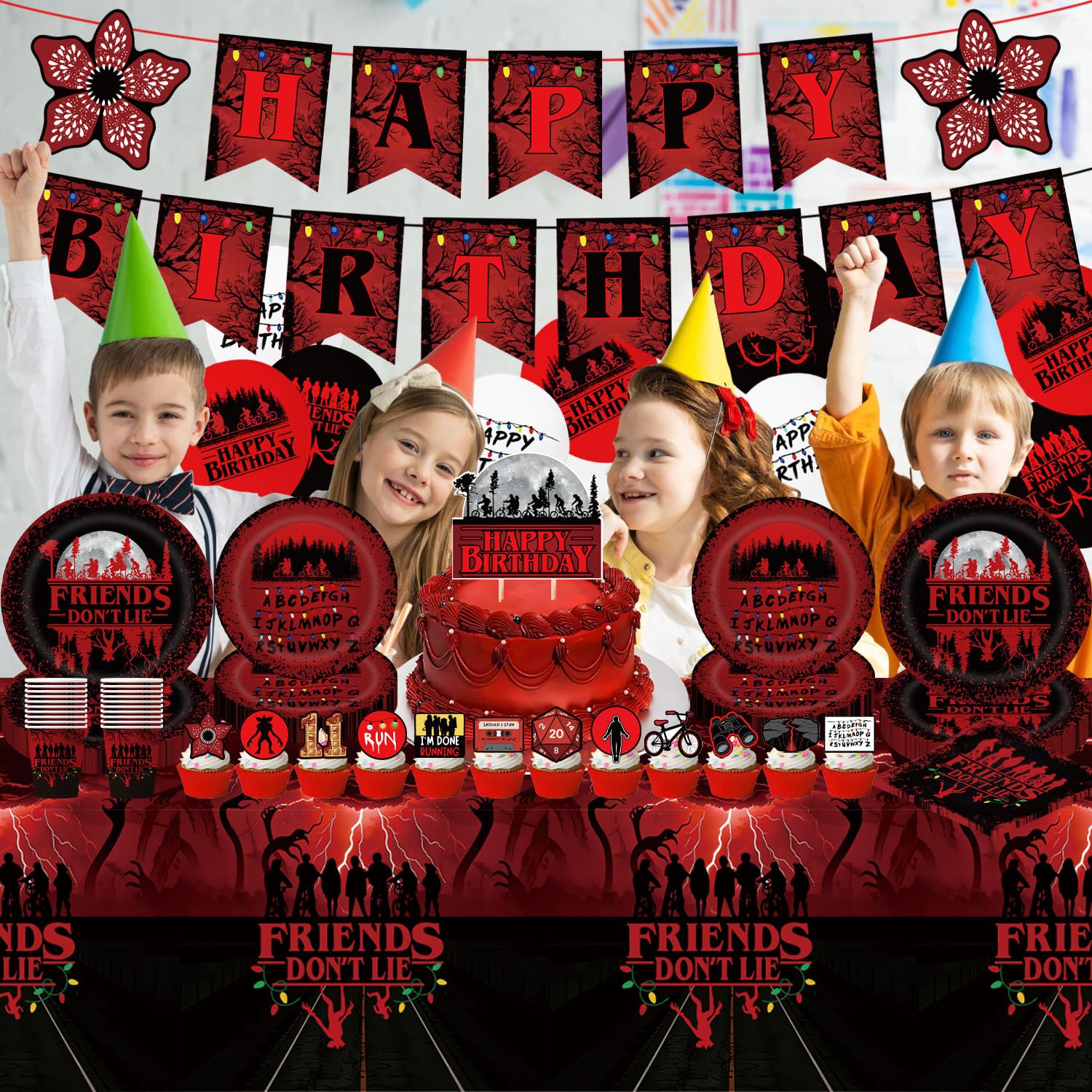 Happy Birthday banner and tabletop toppers from Stranger set