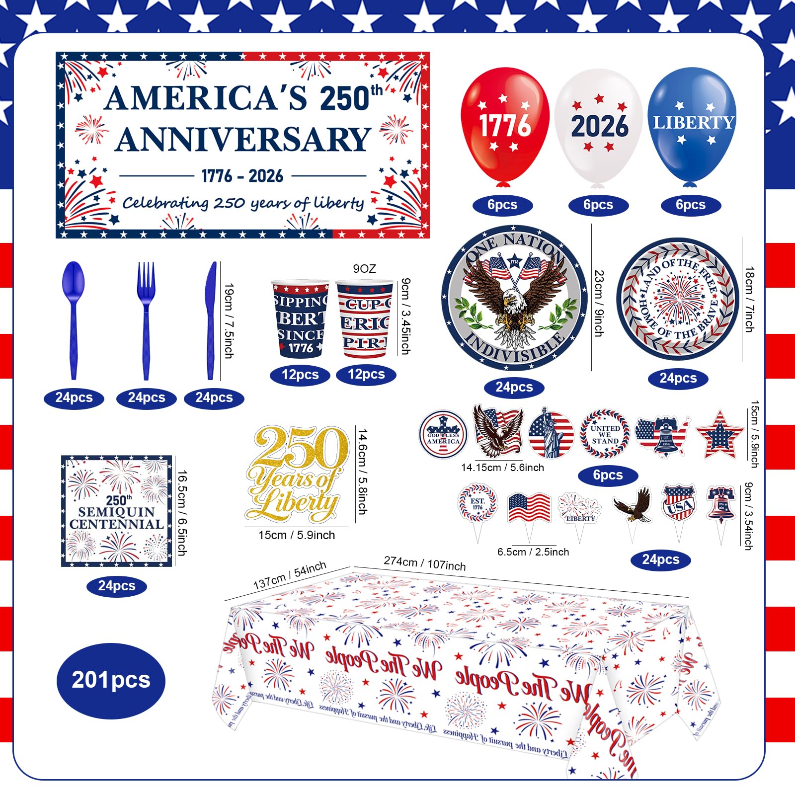 Patriotic banner with 6 hanging swirls in USA colors