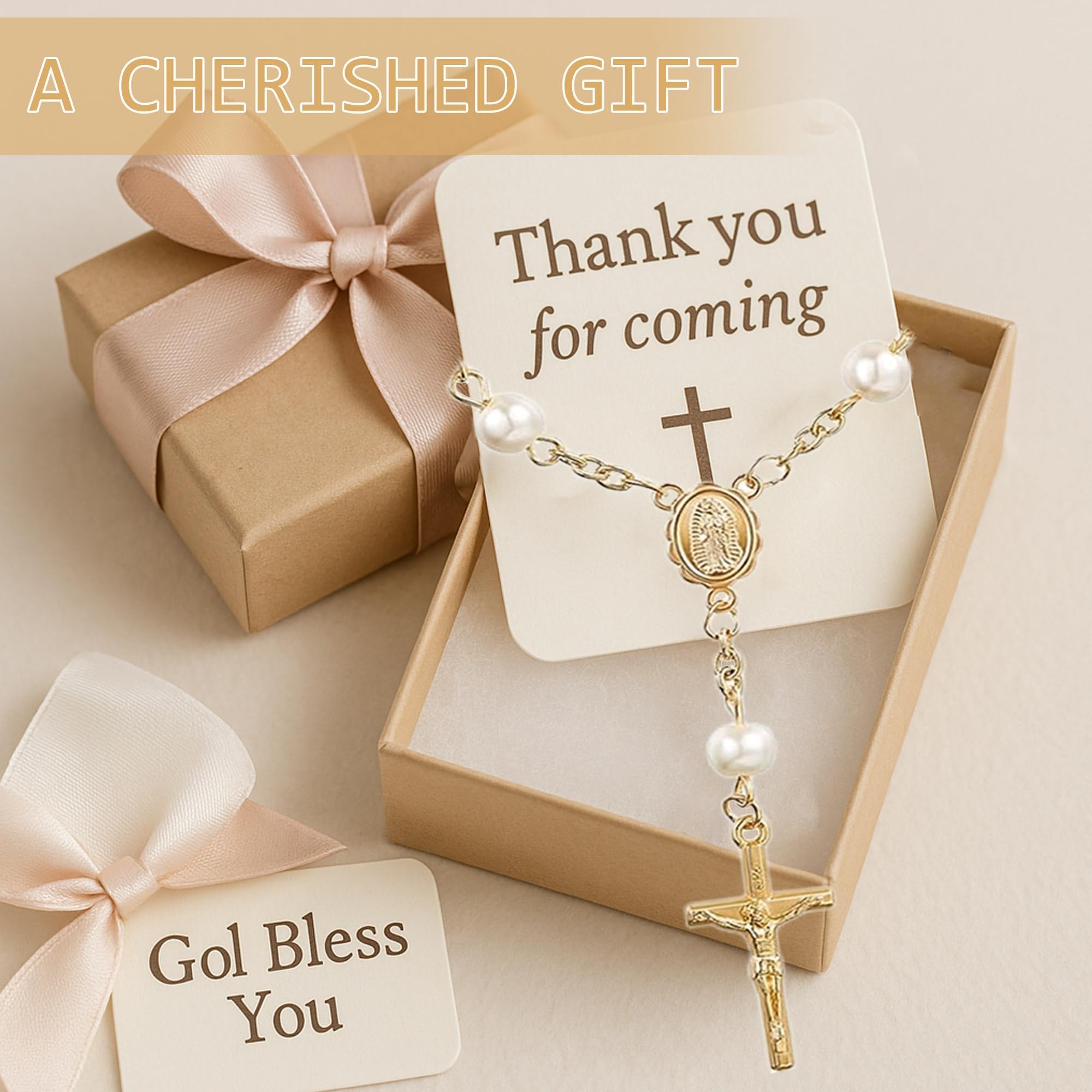 Baptism invitation accessory rosary attached to prayer card