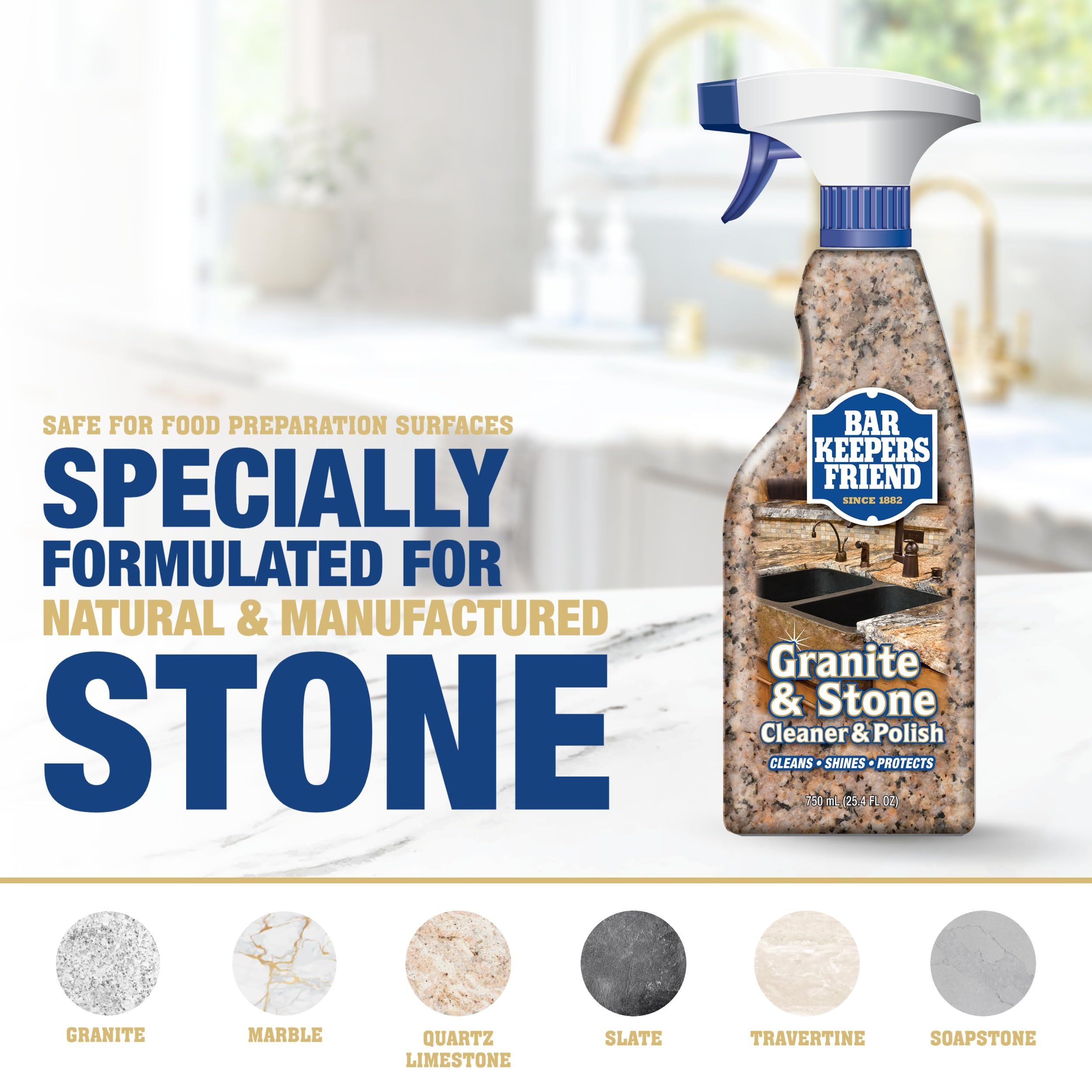 Safe on sealed stone surfaces including granite and quartz