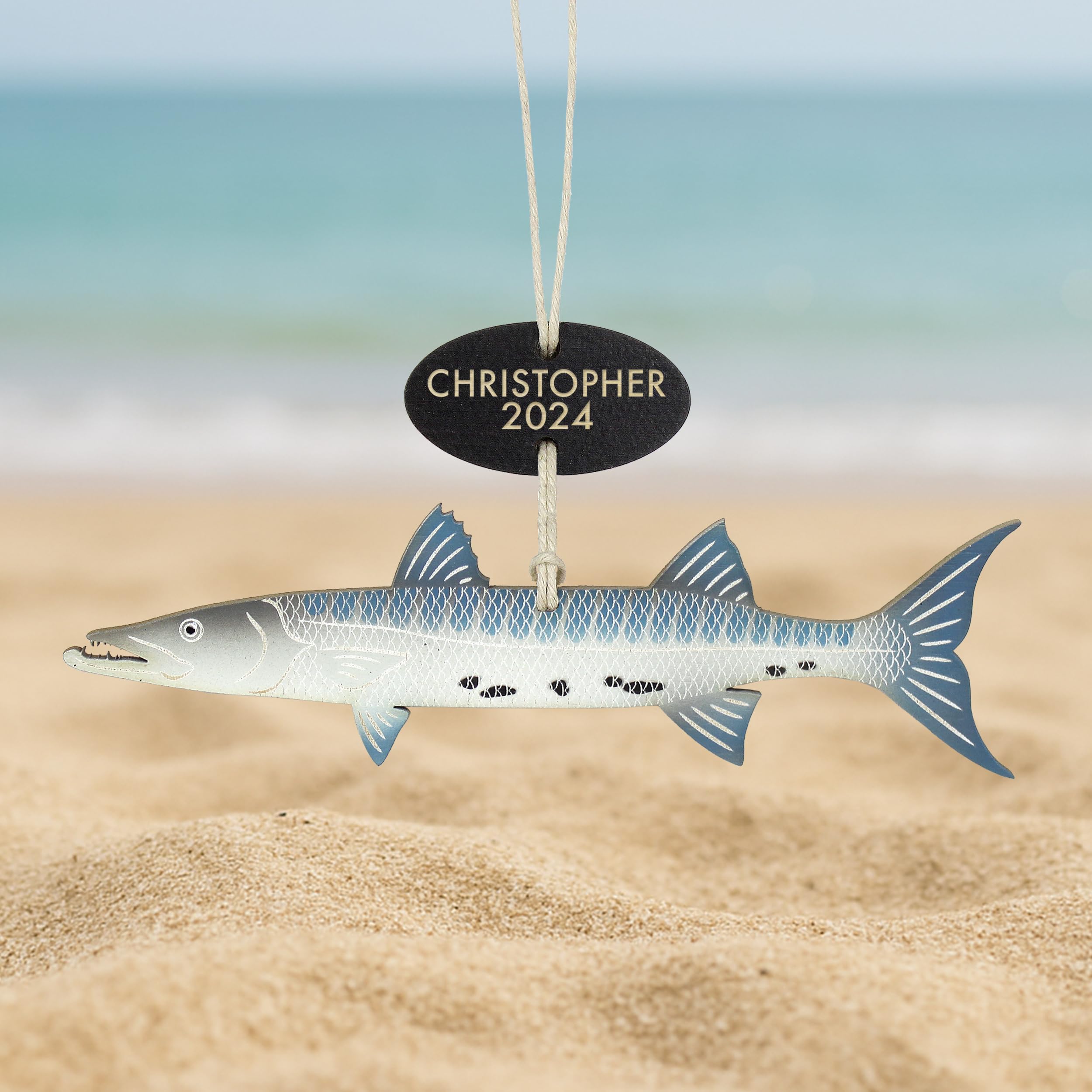 Lazer engraved name and date on Barracuda Fish ornament