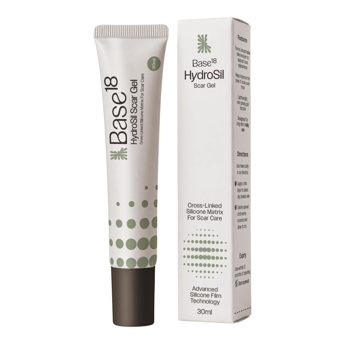 Base18 HydroSil Scar Gel 30ml product packaging front