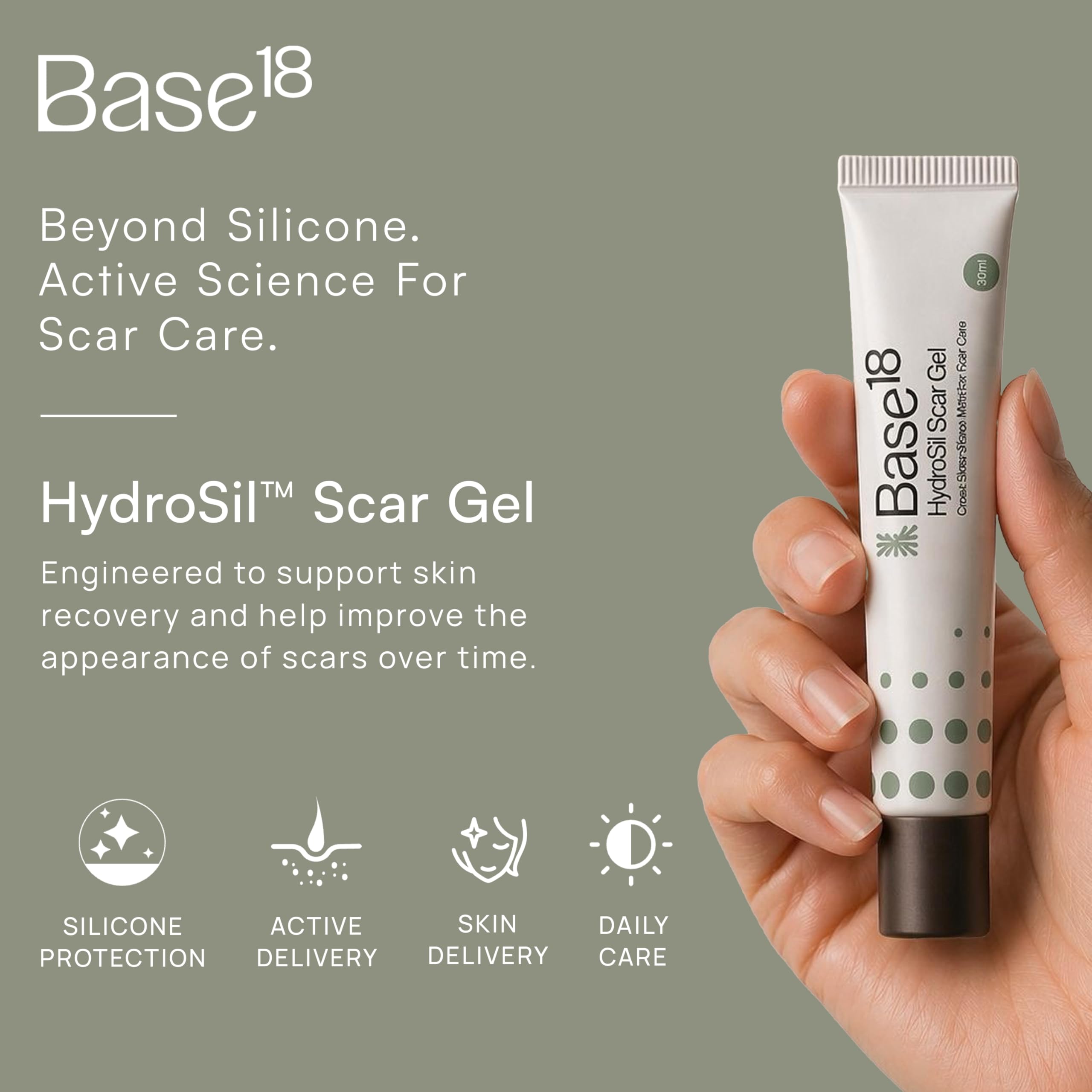Base18 HydroSil Scar Gel 30ml seven actives ingredients