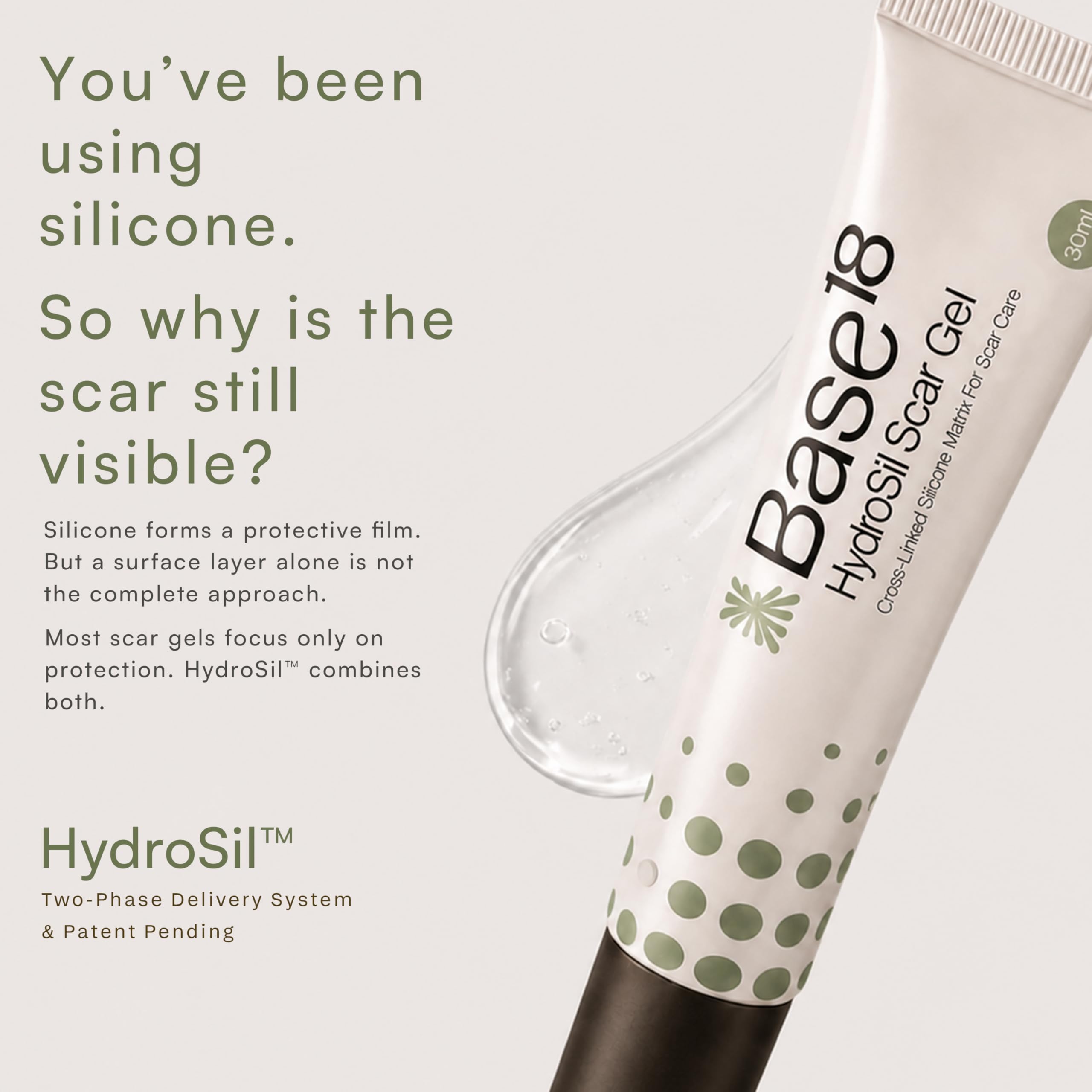 Base18 HydroSil Scar Gel 30ml applied to surgical scar