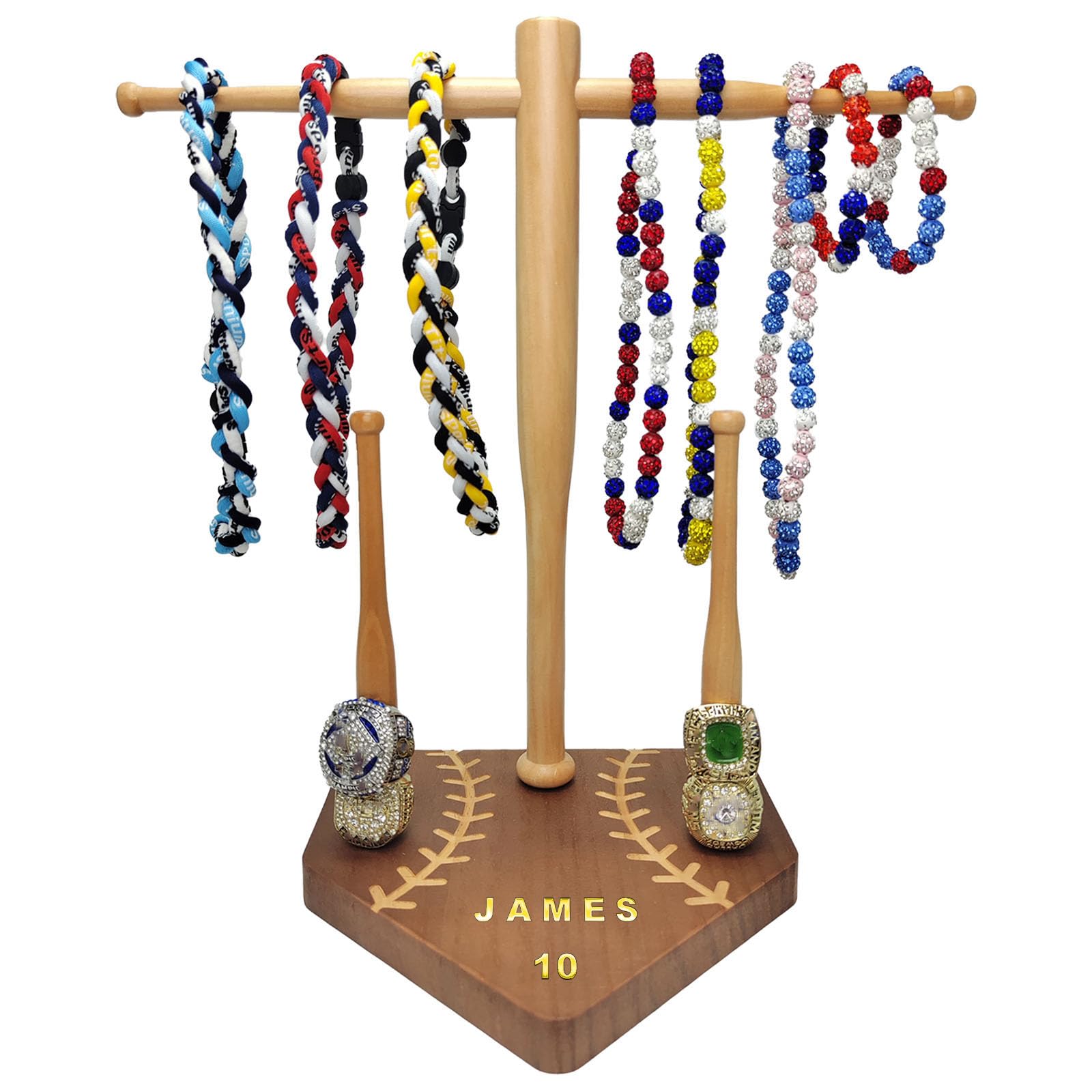 Baseball Drip Necklace Organizer and Ring Holder front view in natural wood