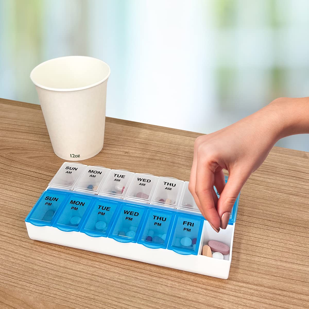 Transparent lid shows tablets for easy dosing