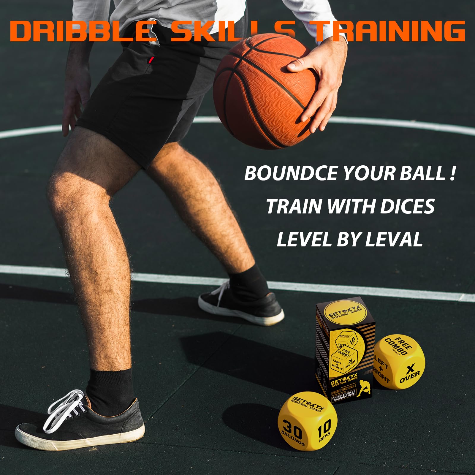 Five essential dribbling motions included in dice set