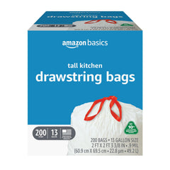 Basics 13 gallon tall kitchen trash bags white with red drawstring