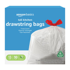 Basics 13 gallon trash bags package shows tall kitchen bags 90 count
