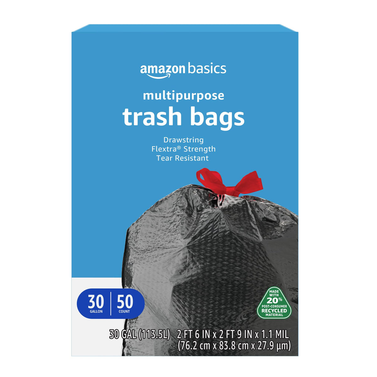 Basics 30 gallon flextra drawstring trash bags packaging