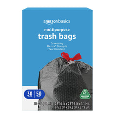Basics 30 gallon flextra drawstring trash bags packaging