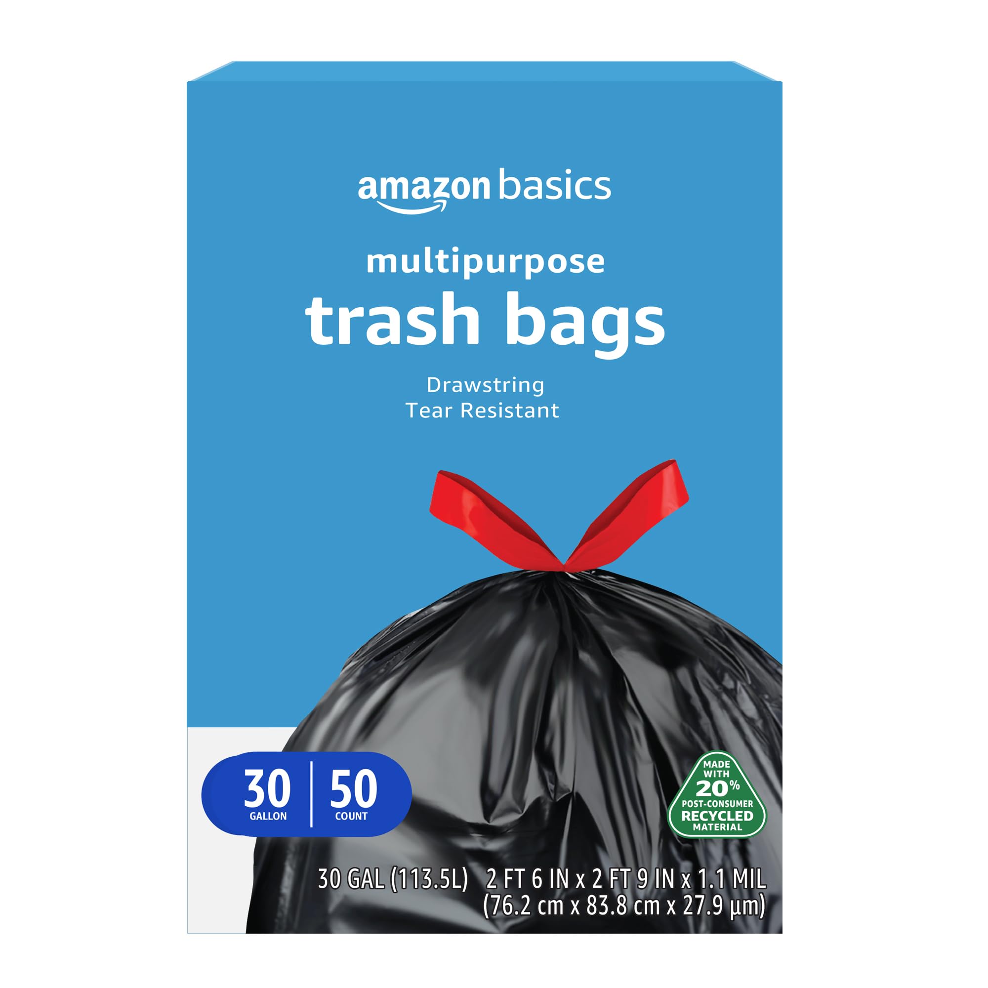 Basics 30 gallon trash bags packaging 50 count
