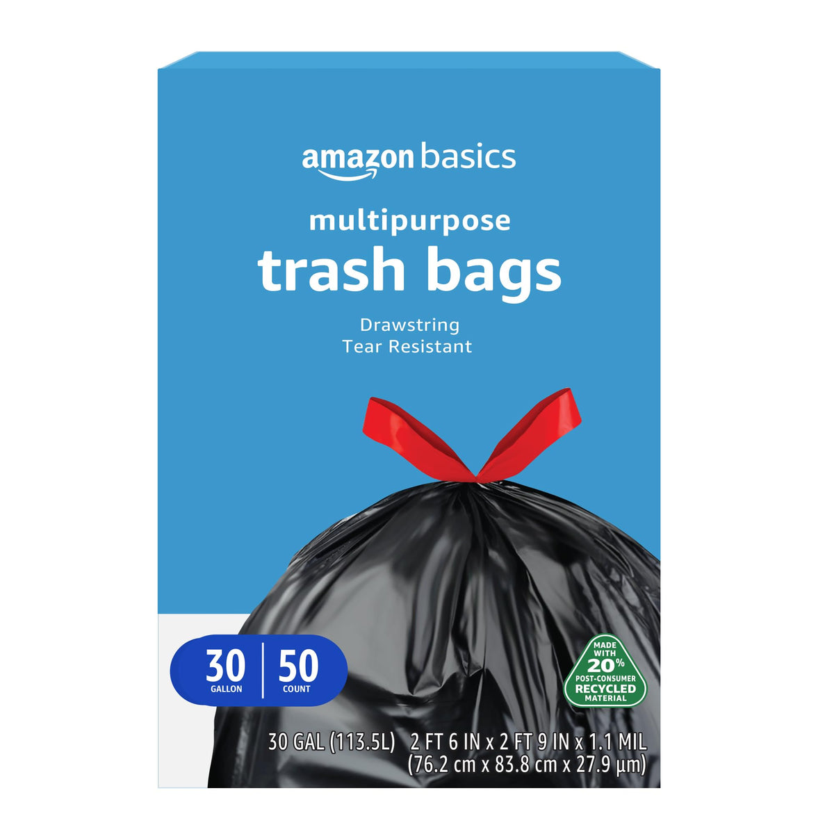 Basics 30 gallon trash bags packaging 50 count