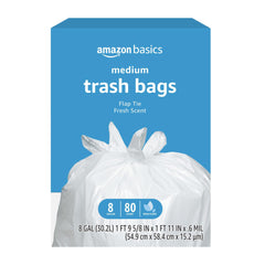Basics 8 gallon flap tie trash bags packaging