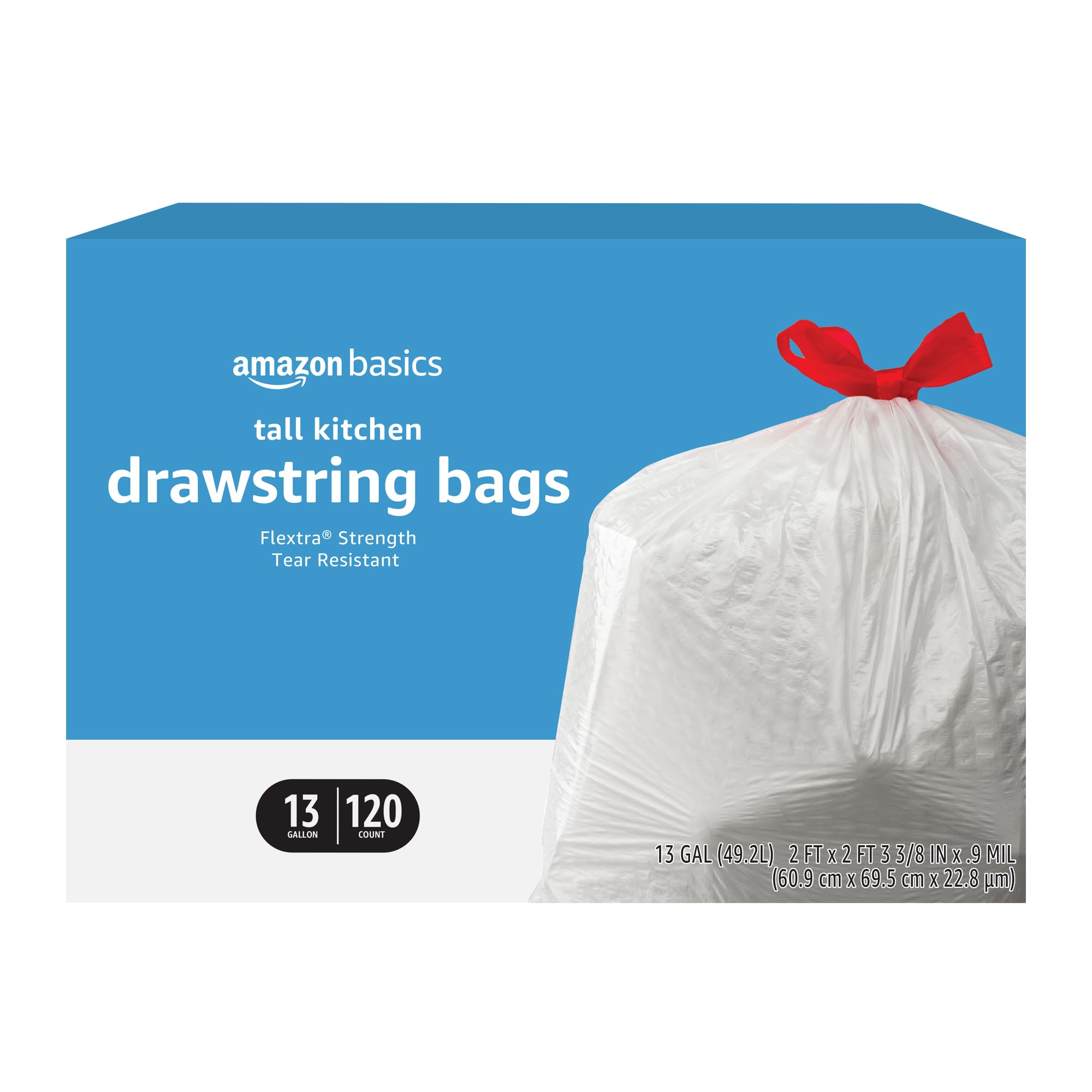 Basics Flextra tall kitchen drawstring trash bags 13 gallon 120 count