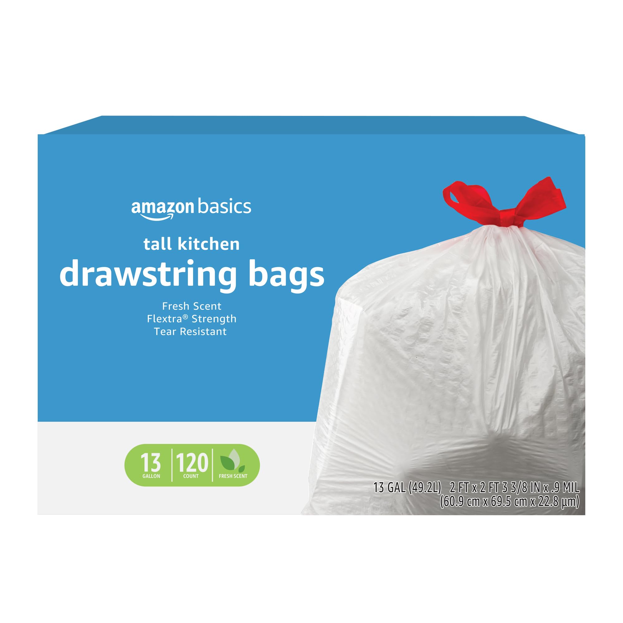 Basics Flextra tall kitchen drawstring trash bags 13 gallon 120 count package image