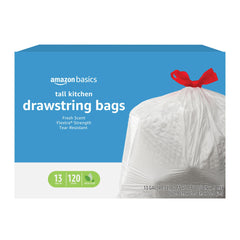 Basics Flextra tall kitchen drawstring trash bags 13 gallon 120 count package image