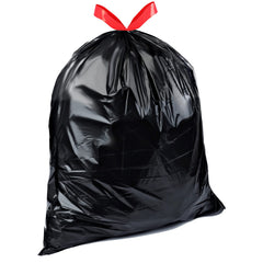 Red drawstring closure on Basics trash bags