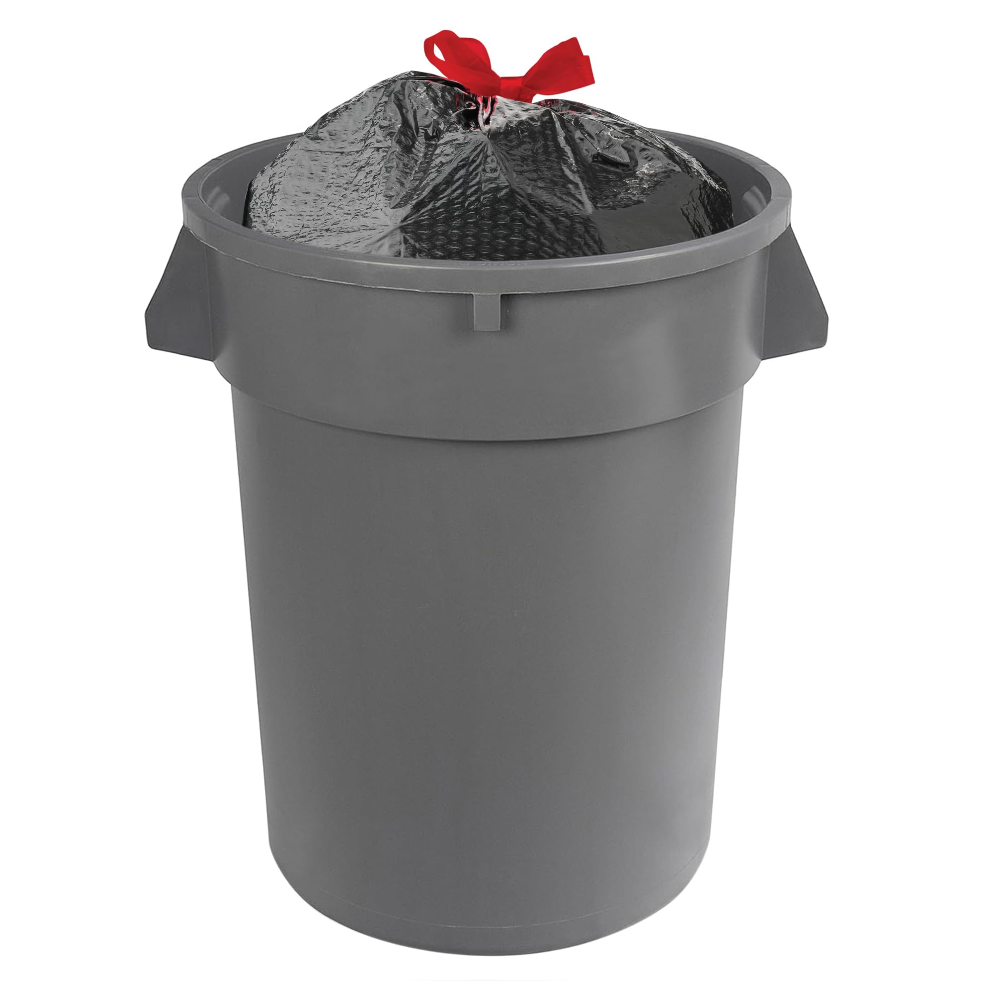 Black trash bag with red drawstring closure