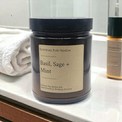 Close up Basil Sage Mint 8oz glass jar candle