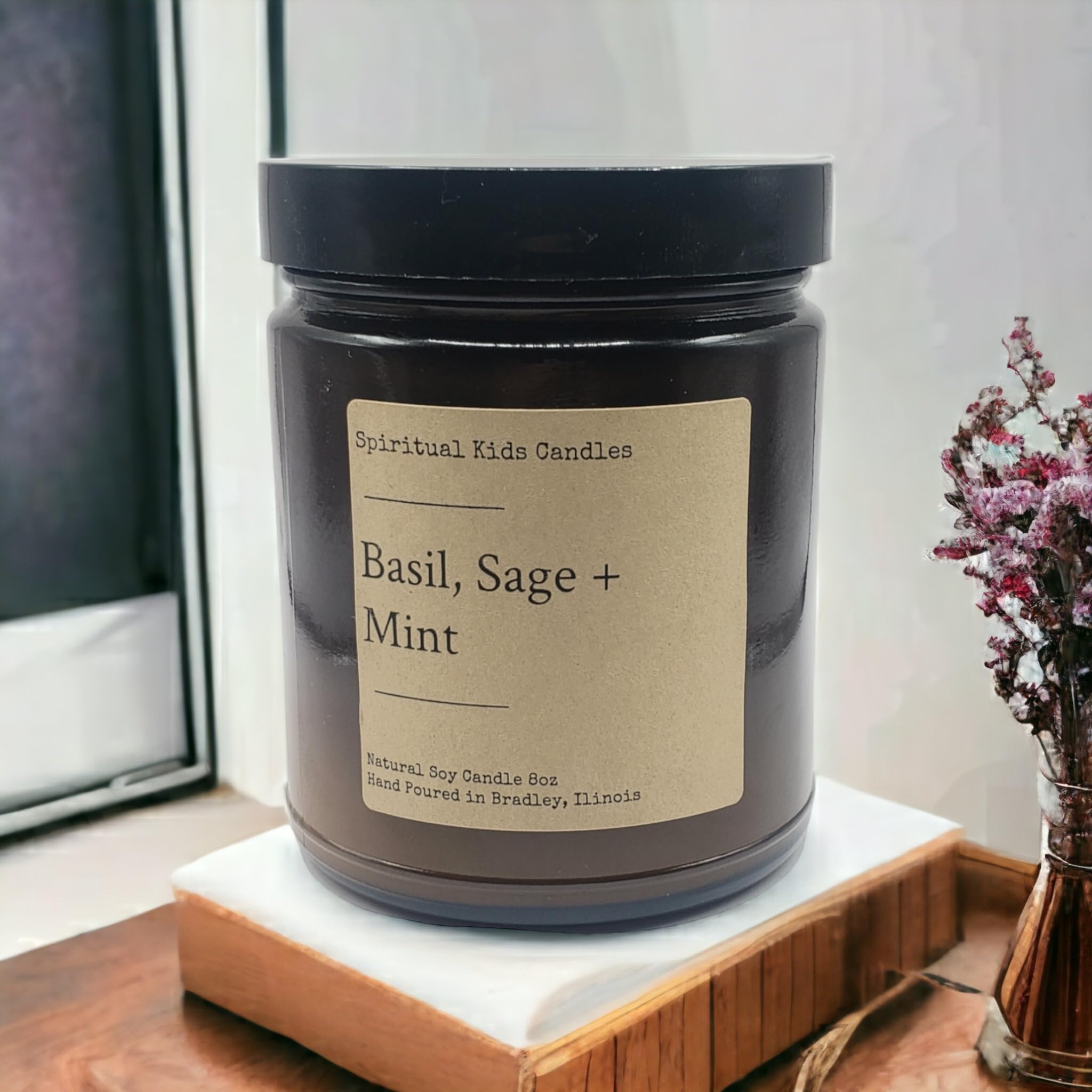 Cotton wick visible in Basil Sage Mint 8oz glass jar candle