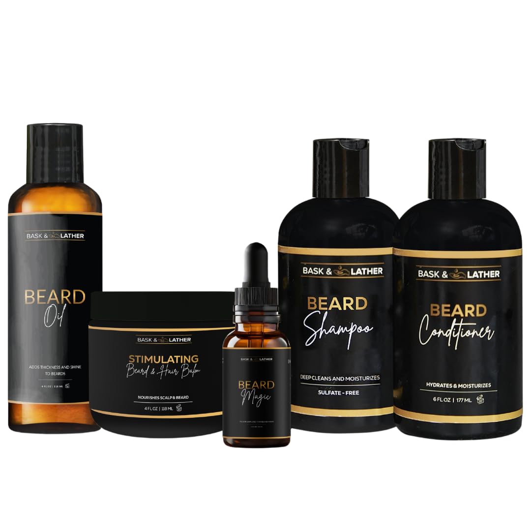BASK & LATHERCo Healthy Men’s Hair & Beard Care Kit with beard oil shampoo conditioner scalp moisture system