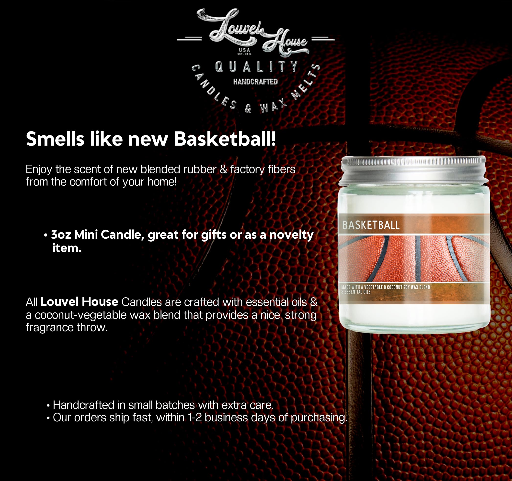Basketball Candle 3oz mini by Louvel House with coconut-vegetable wax blend and metal lids