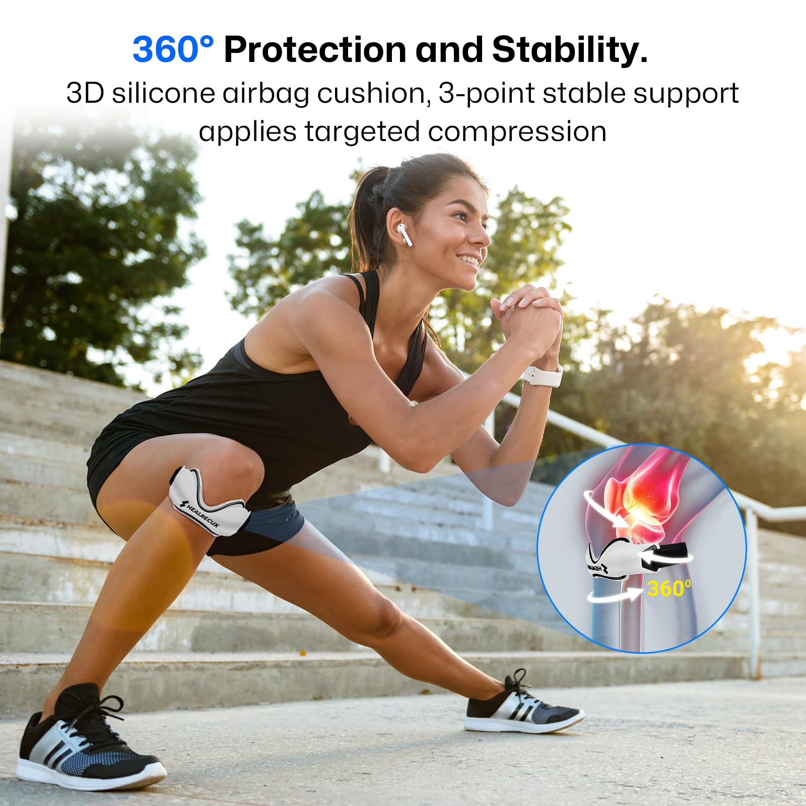 Ergonomic V-shaped patella curve contours to knee