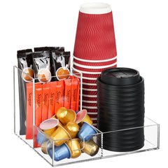 Basysnck acrylic coffee bar organizer on countertop with three compartments
