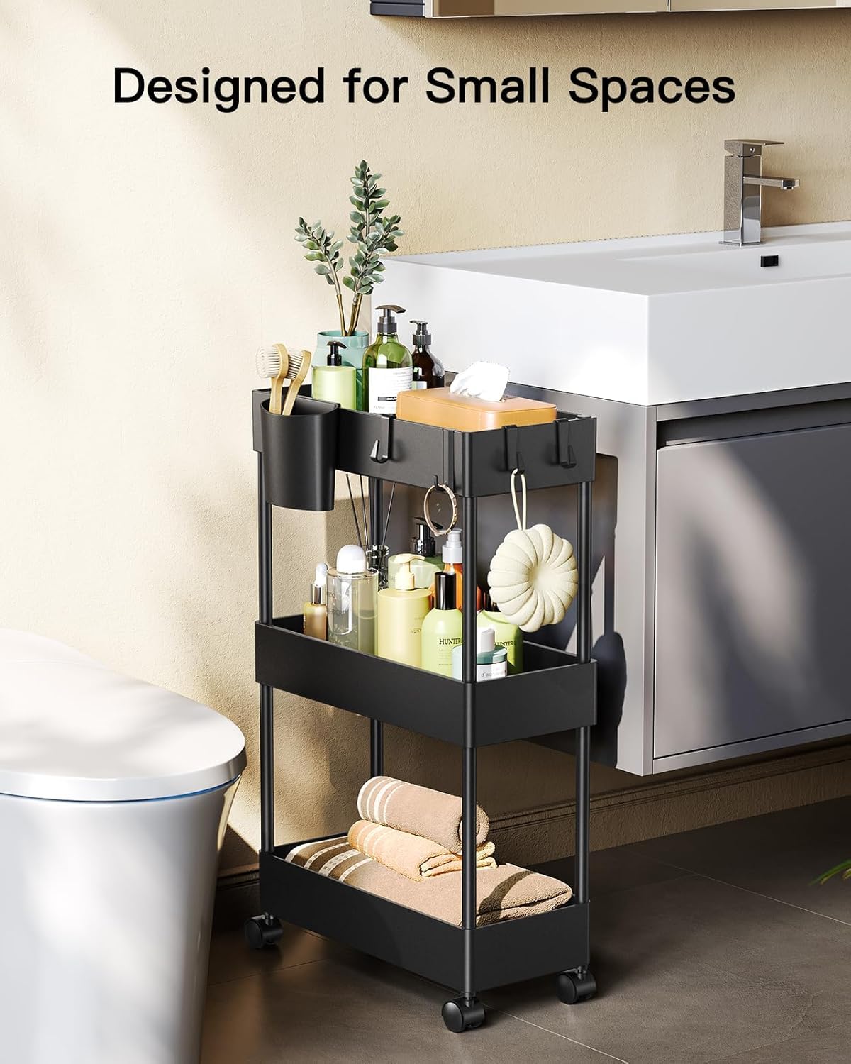 Bathroom storage cart with casters for mobility