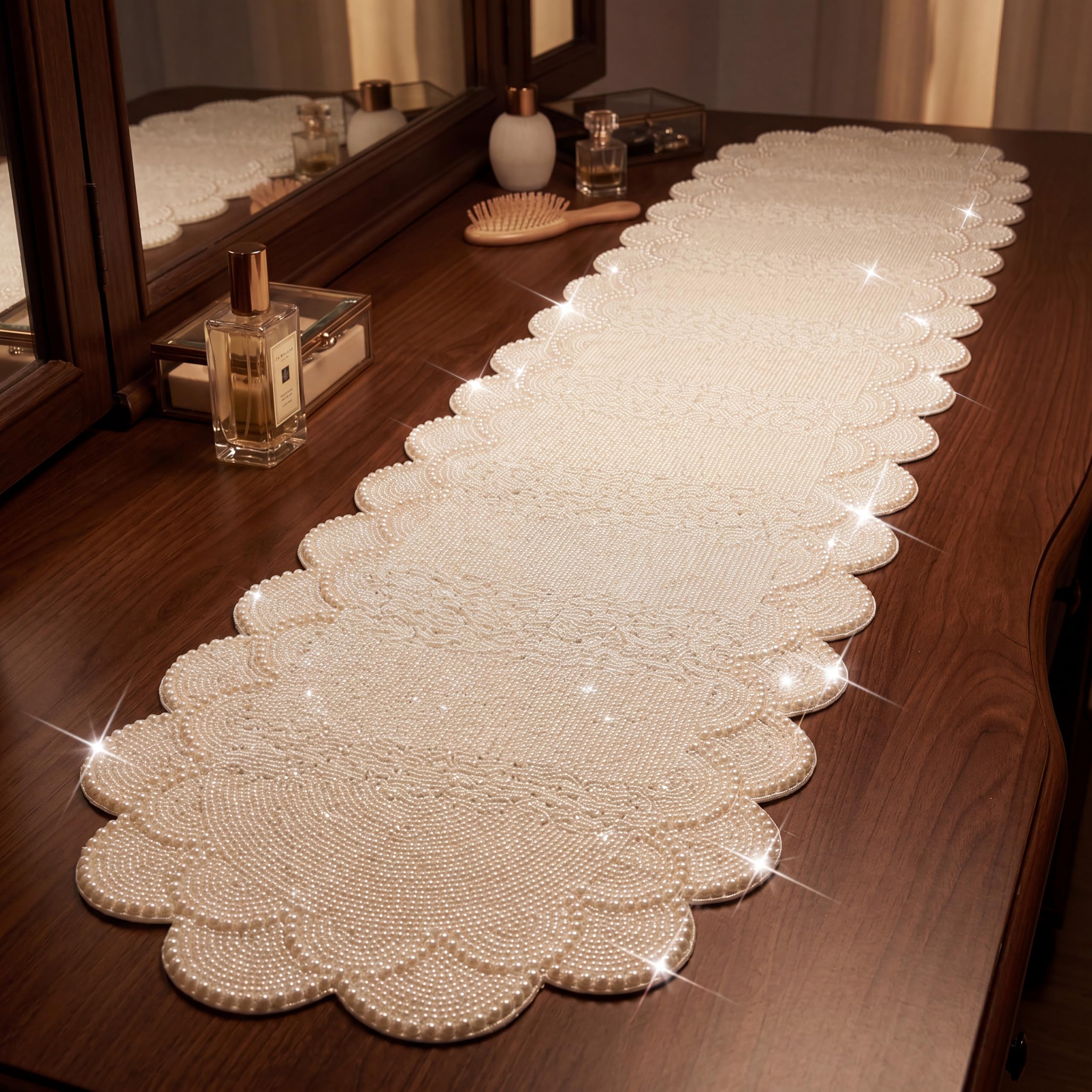 Pearl table runner 13x36 inches with scalloped edge