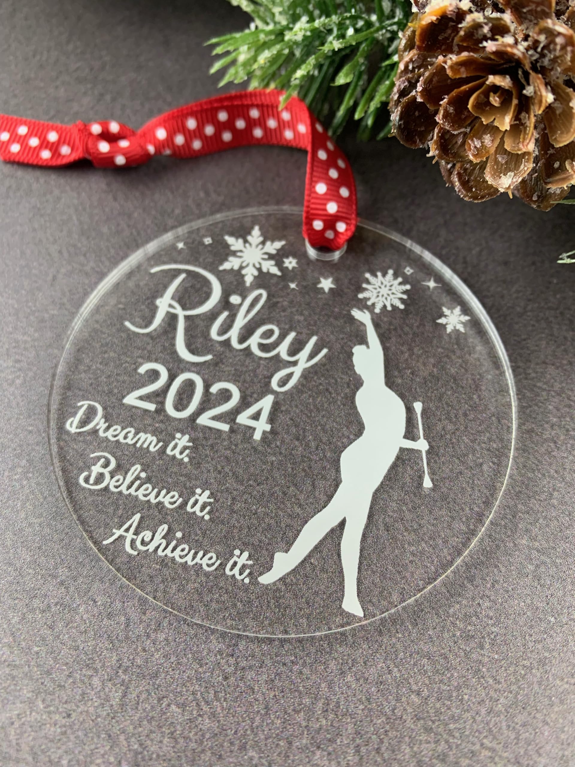Laser cut and engraved Baton Ornament detail