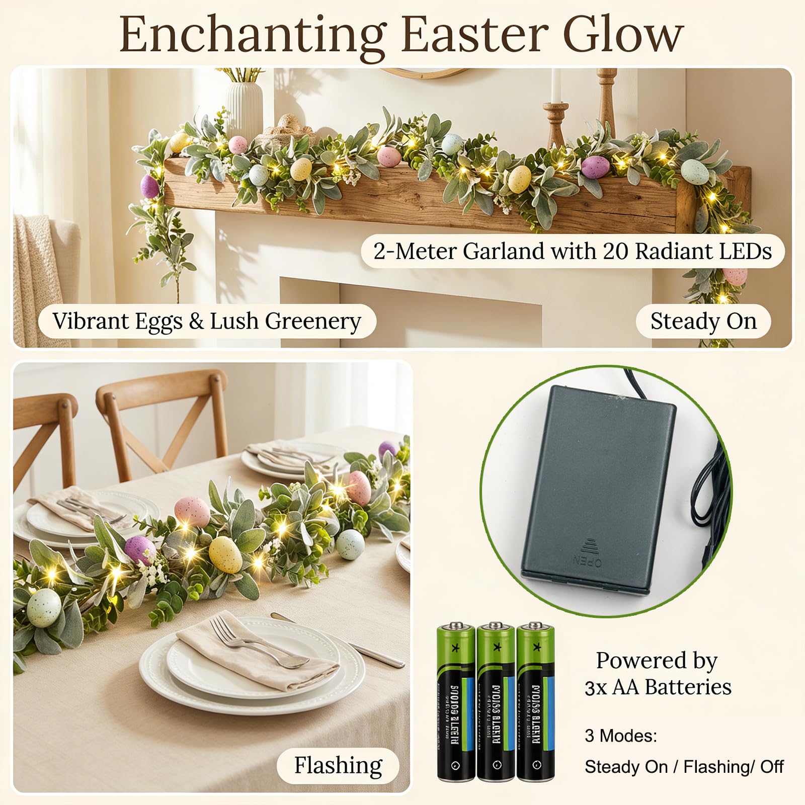 LED lights integrated along garland for warm glow