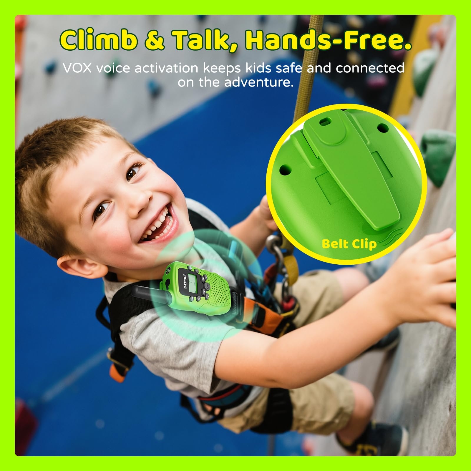 Backlit display and intuitive controls on BATURU kid walkie talkies