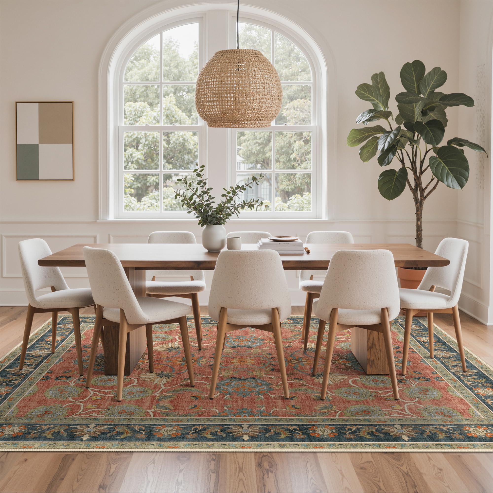 Washable 8x10 area rug shown in a living room setup
